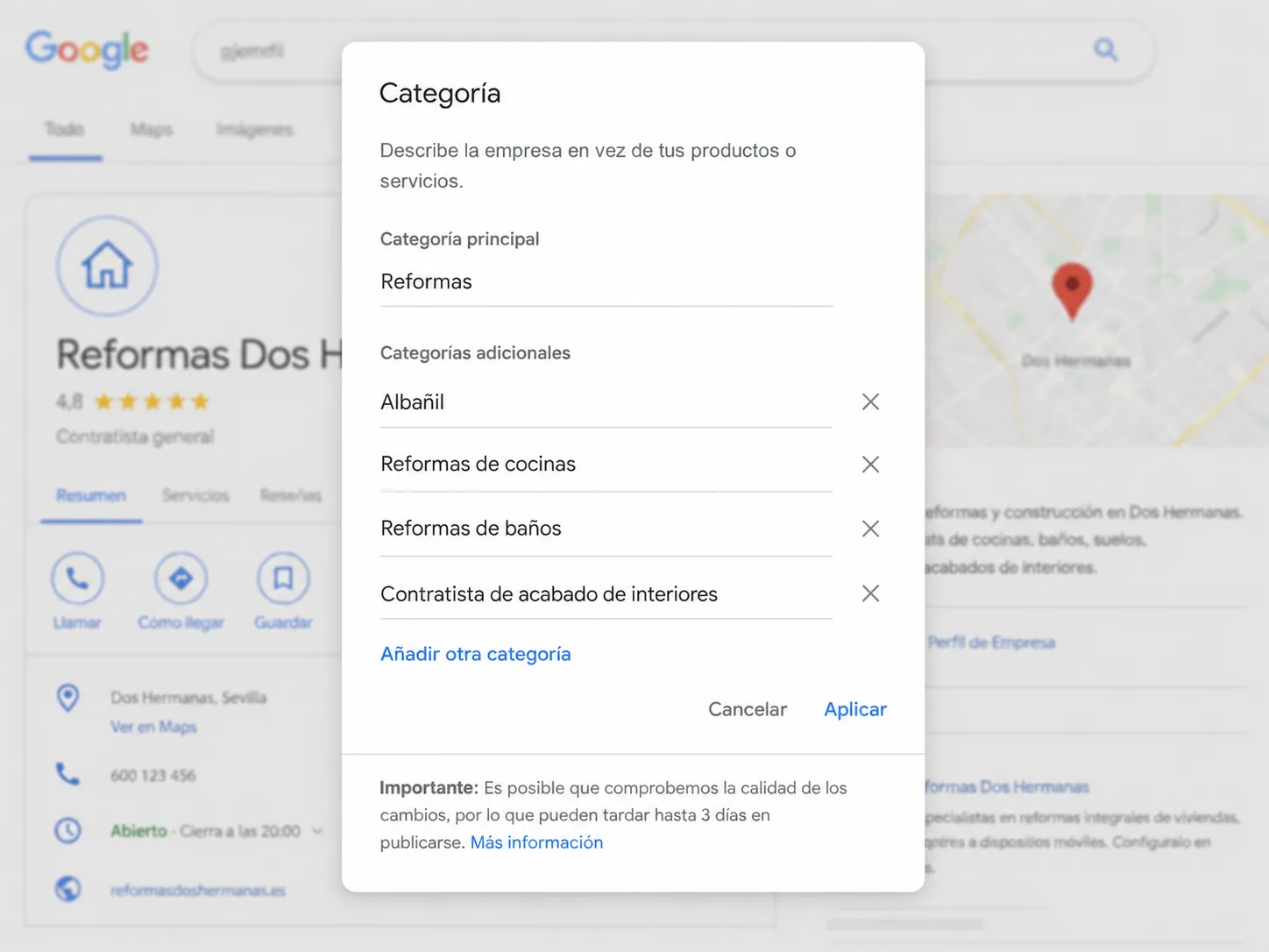 Configuración de la categoría en el Perfil de Empresa de Google