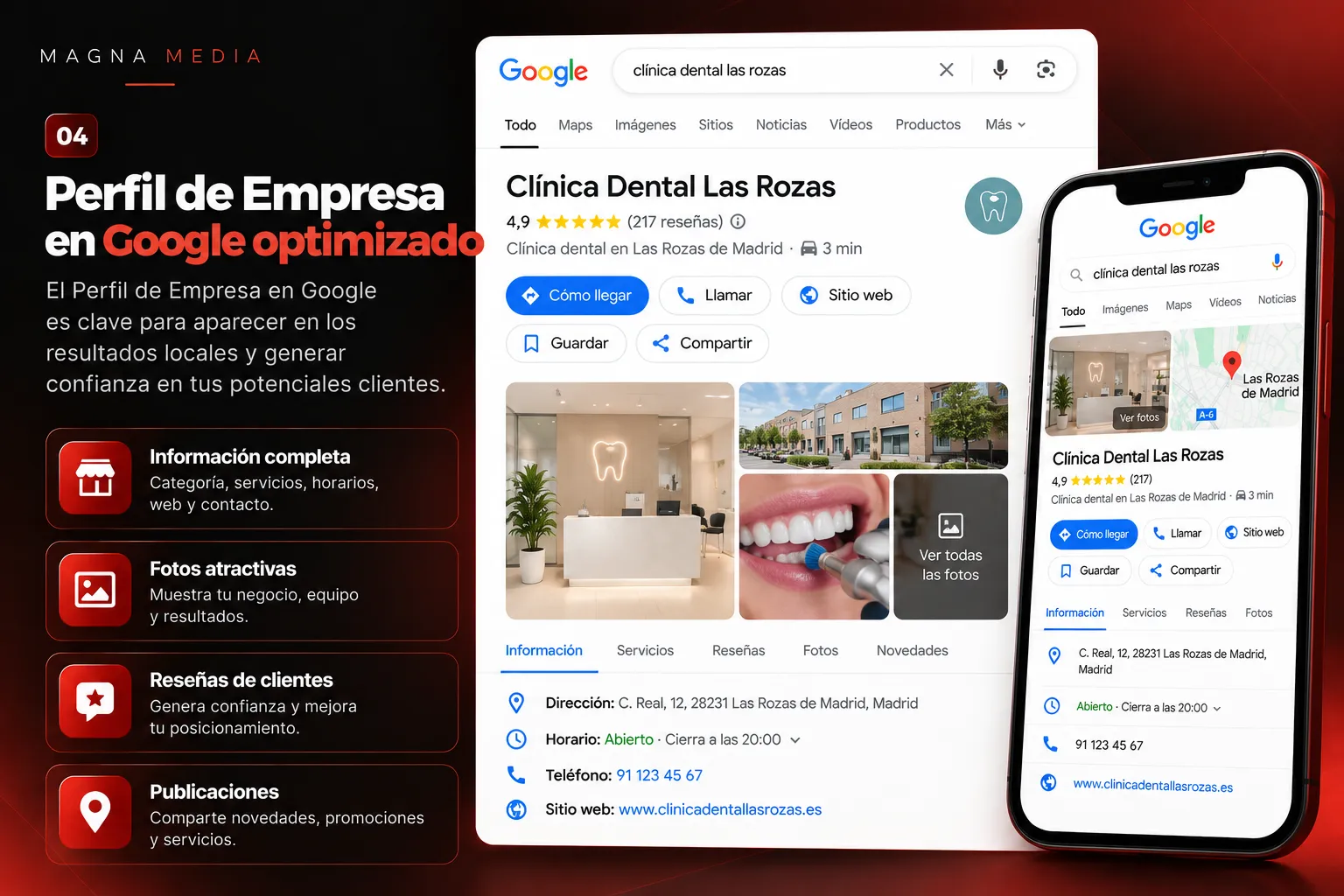 Perfil de Empresa en Google con información de actividad, horario y contacto.