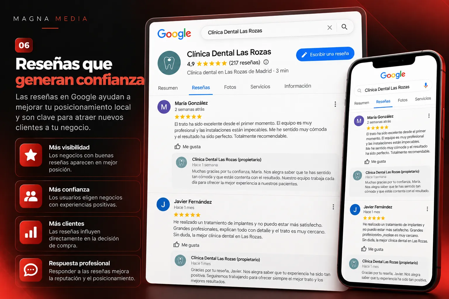 Reseña de un cliente y respuesta de la empresa en su Perfil de Empresa.