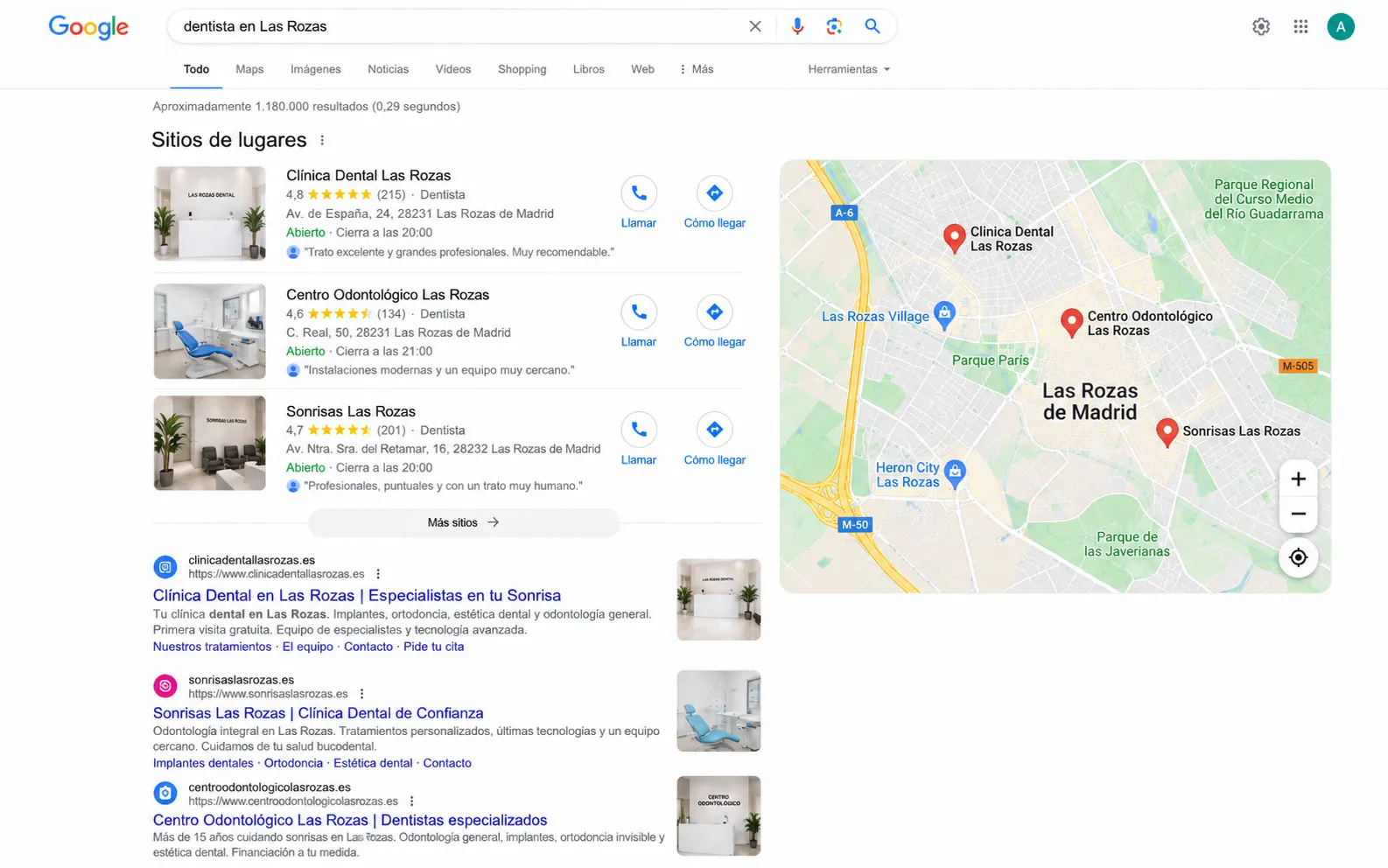 Ejemplo de resultados locales y orgánicos para una búsqueda de servicios en una ciudad.
